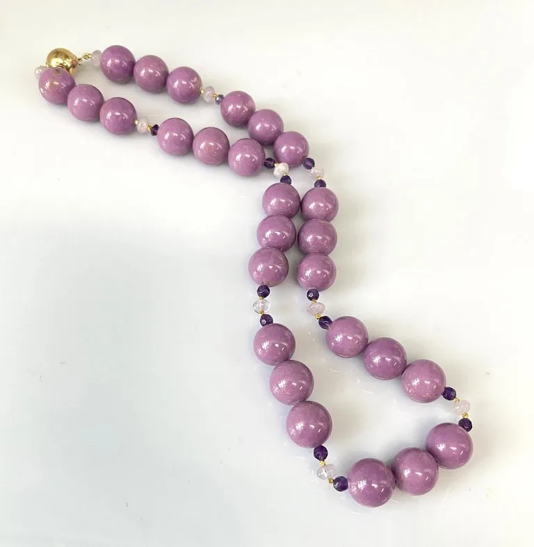 Phosphosiderite, Kunzite & Amethyst  Beaded Necklace with Yellow Gold, 20 Inches