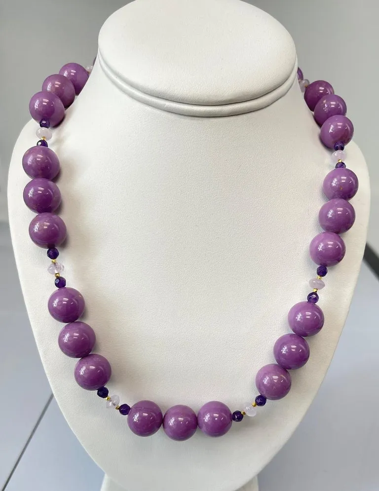 Phosphosiderite, Kunzite & Amethyst  Beaded Necklace with Yellow Gold, 20 Inches