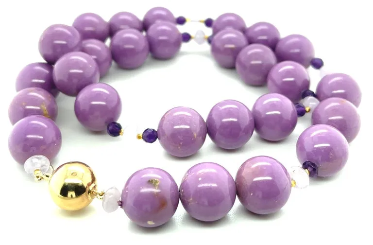 Phosphosiderite, Kunzite & Amethyst  Beaded Necklace with Yellow Gold, 20 Inches