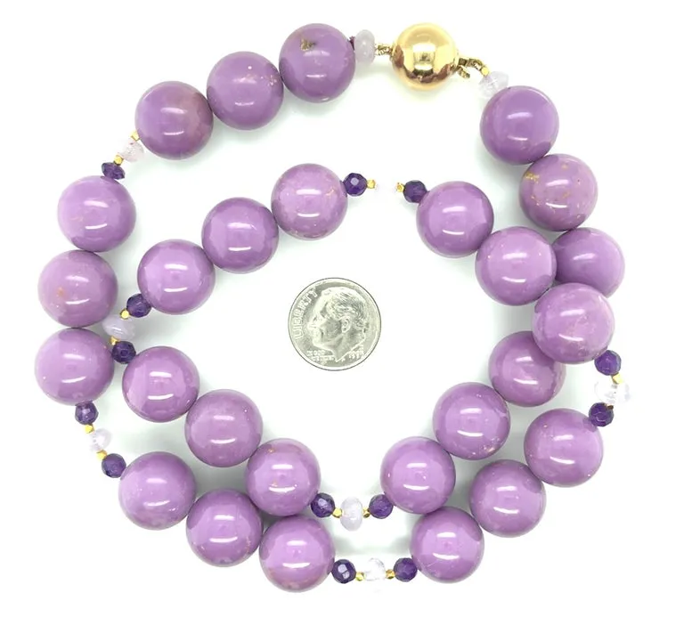 Phosphosiderite, Kunzite & Amethyst  Beaded Necklace with Yellow Gold, 20 Inches