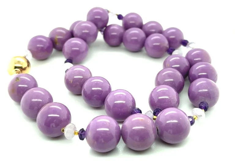 Phosphosiderite, Kunzite & Amethyst  Beaded Necklace with Yellow Gold, 20 Inches