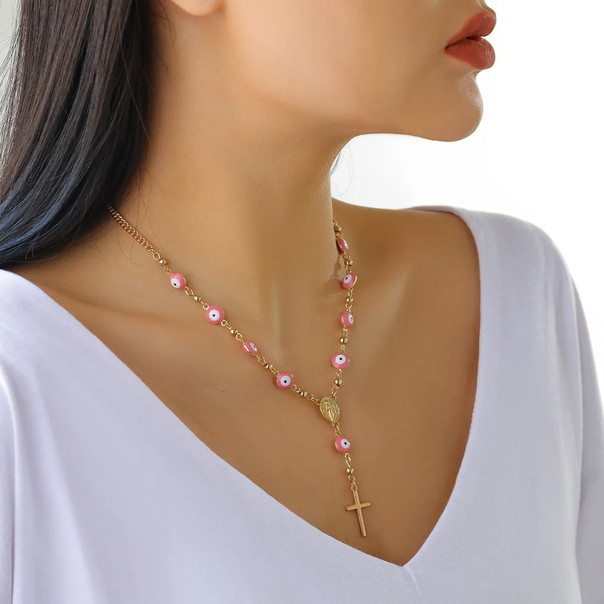 Pink Acrylic & 18K Gold-Plated Evil Eye Cross Pendant Necklace