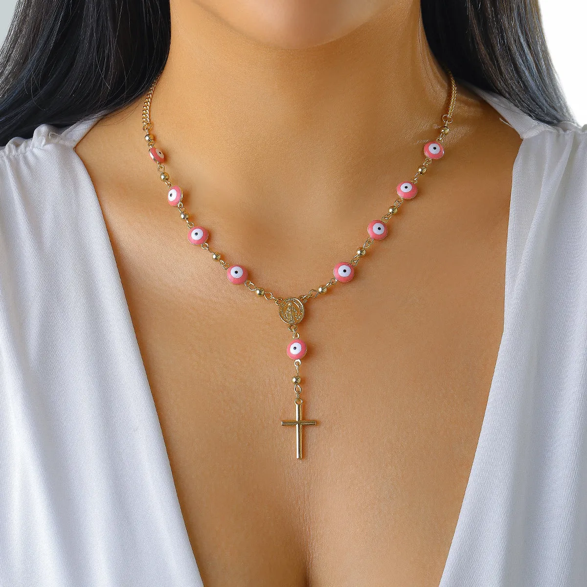 Pink Acrylic & 18K Gold-Plated Evil Eye Cross Pendant Necklace