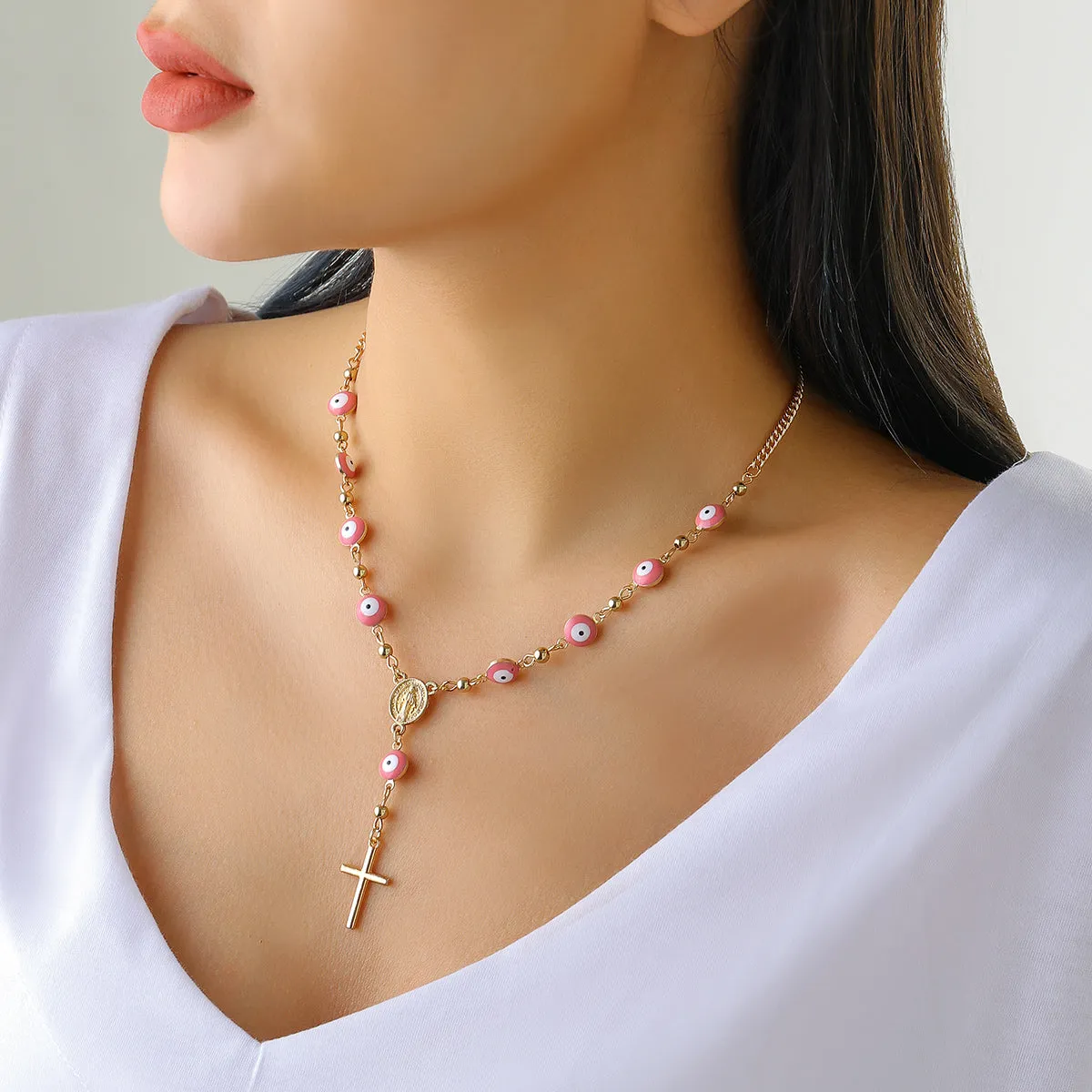 Pink Acrylic & 18K Gold-Plated Evil Eye Cross Pendant Necklace