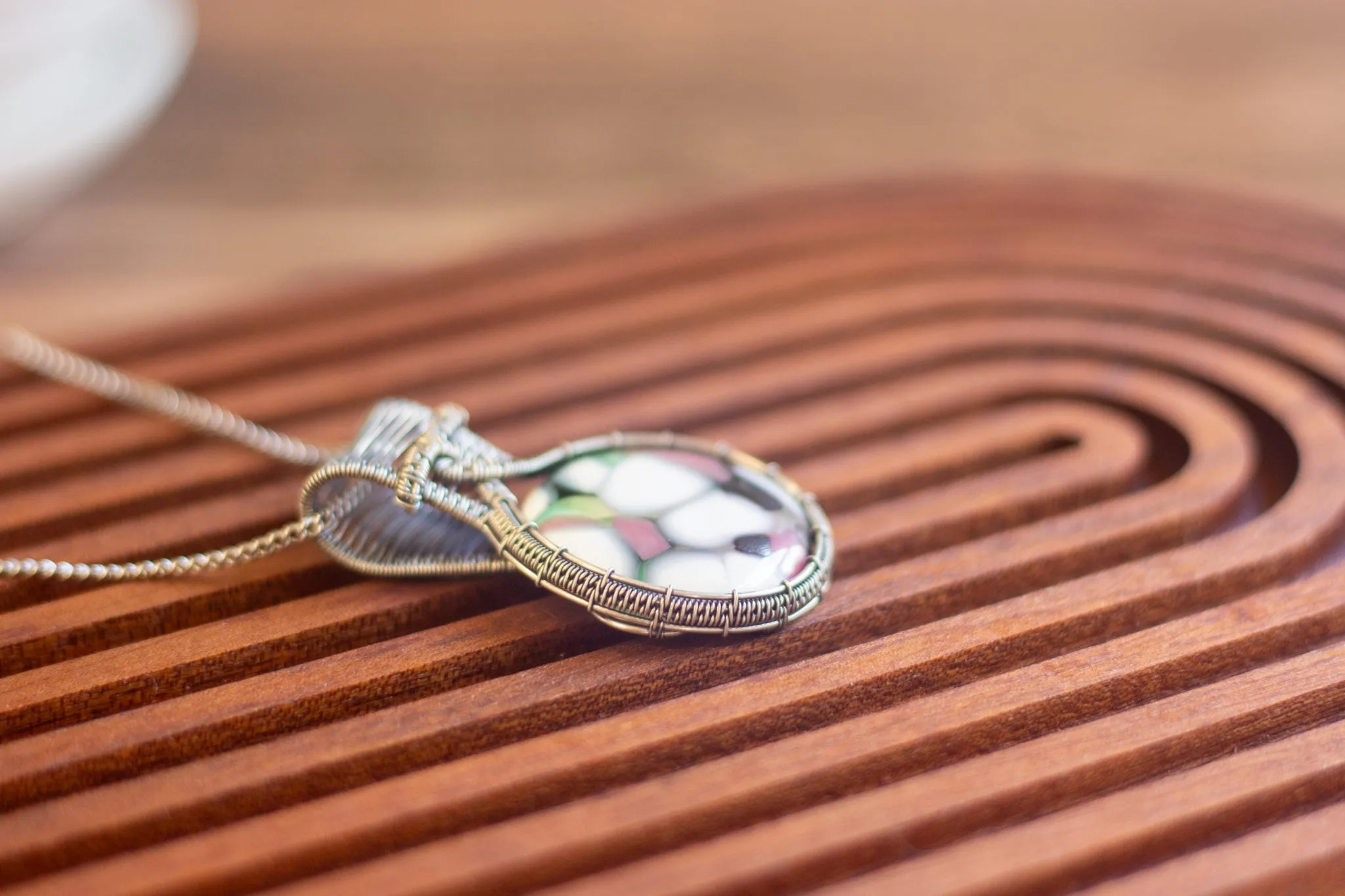 Pink, White, and Green Fused Glass Pendant with Sterling Silver Wire Wrapping
