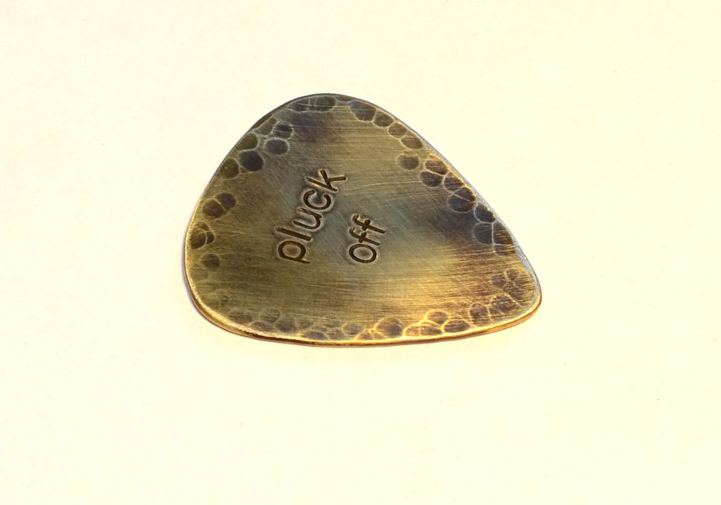 Pluck Off Brass Guitar Pick with Rustic Patina and Hammered Patterning