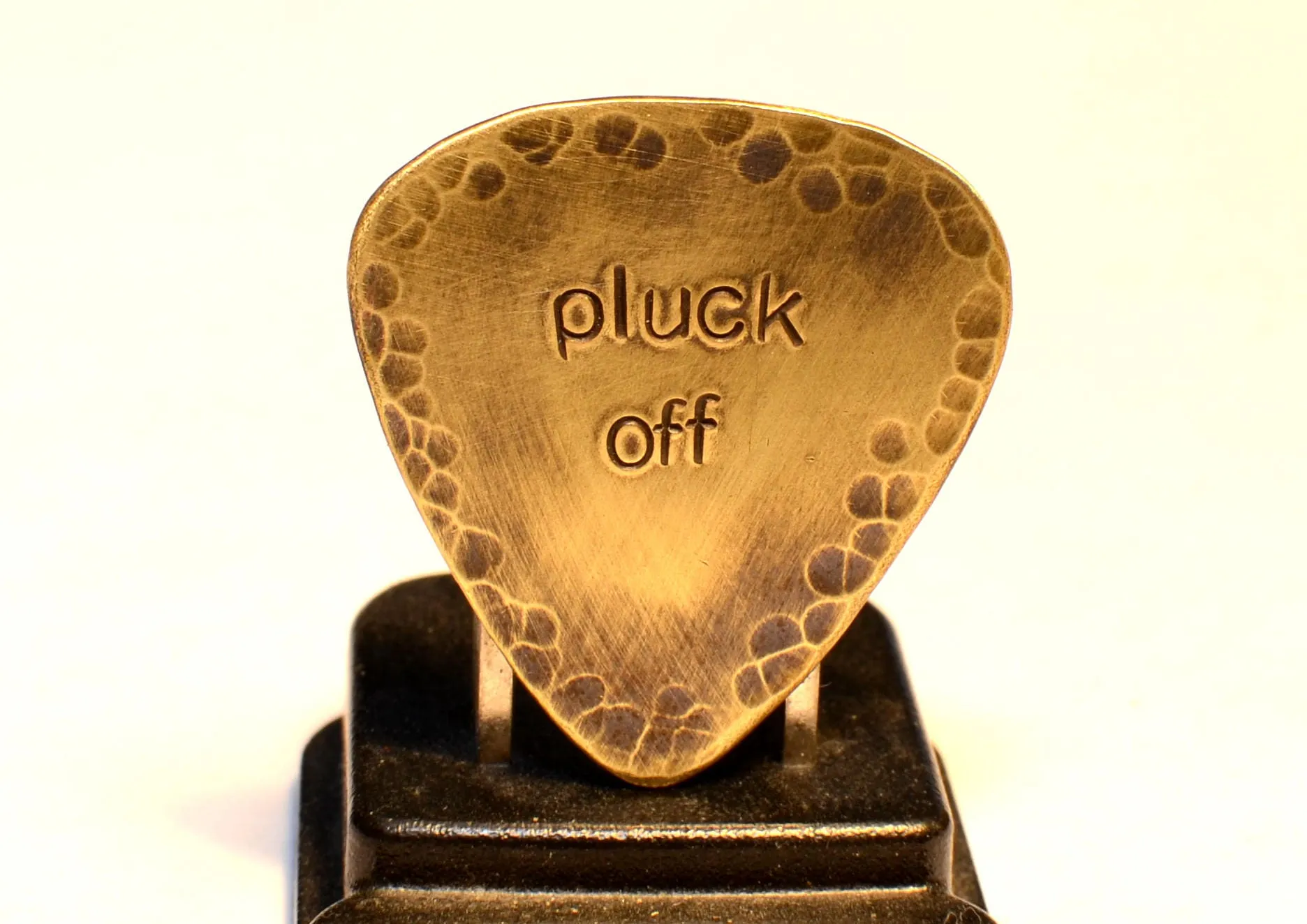Pluck Off Brass Guitar Pick with Rustic Patina and Hammered Patterning