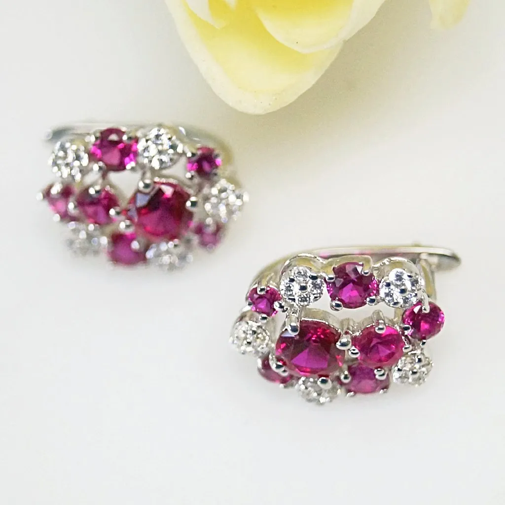 Pure 92.5 Sterling Silver Ruby & CZ Studs