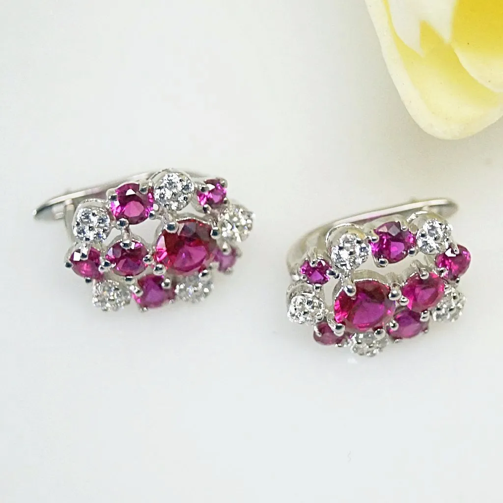 Pure 92.5 Sterling Silver Ruby & CZ Studs