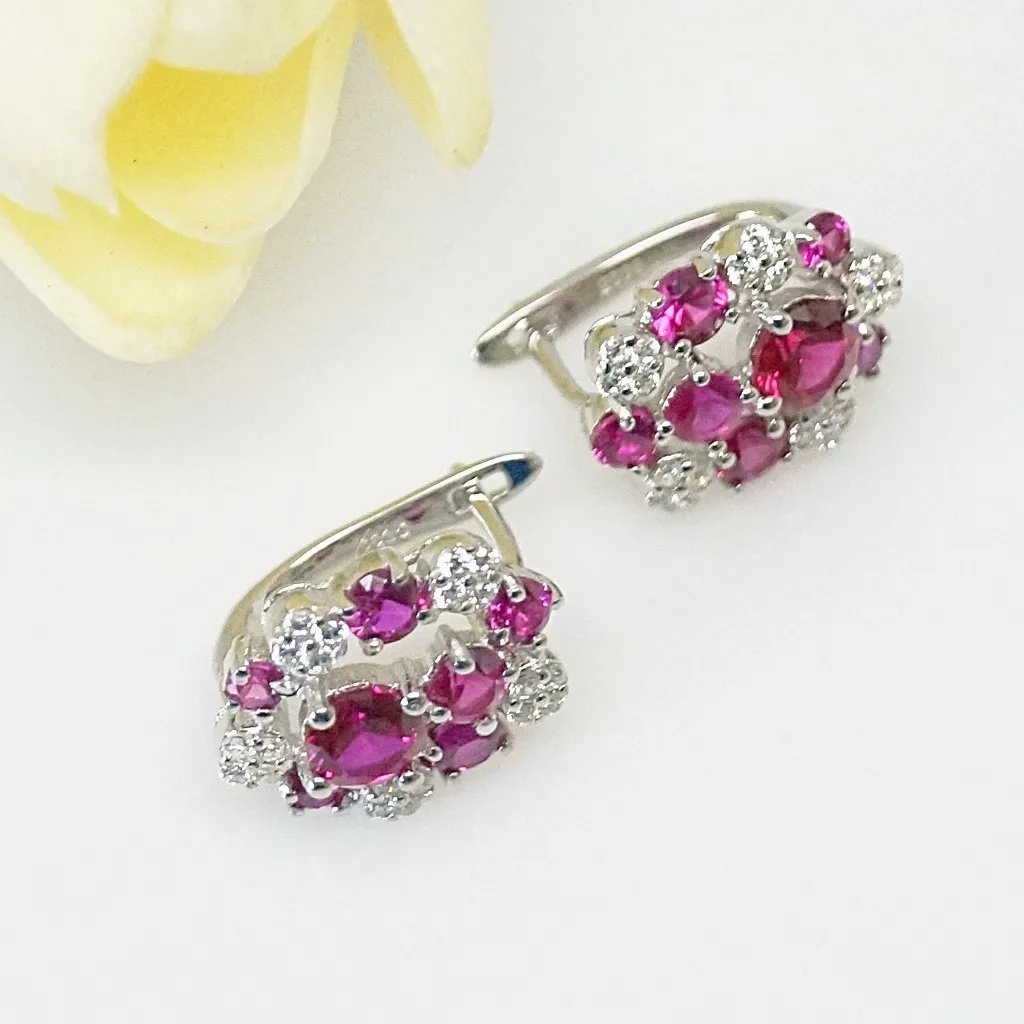 Pure 92.5 Sterling Silver Ruby & CZ Studs