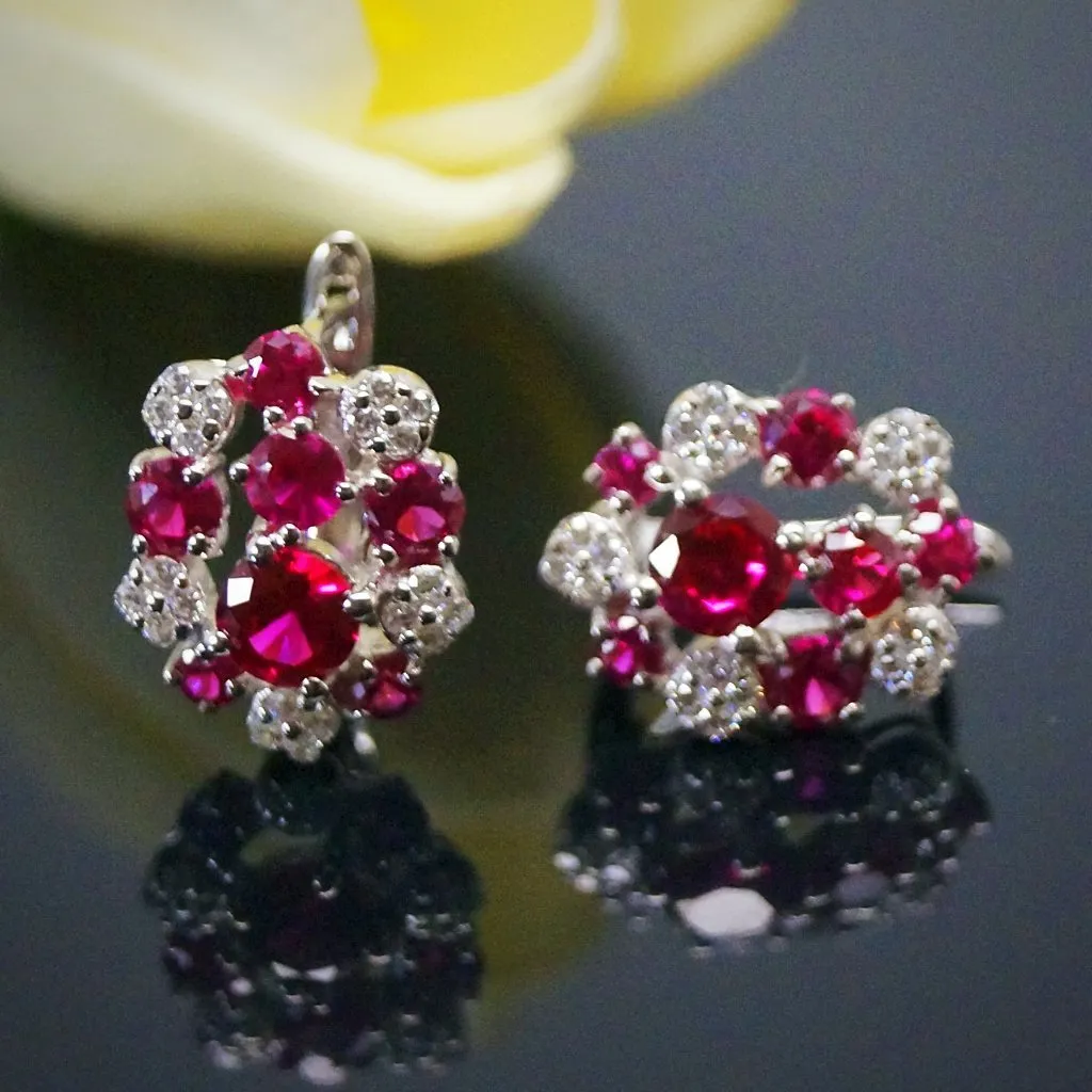 Pure 92.5 Sterling Silver Ruby & CZ Studs