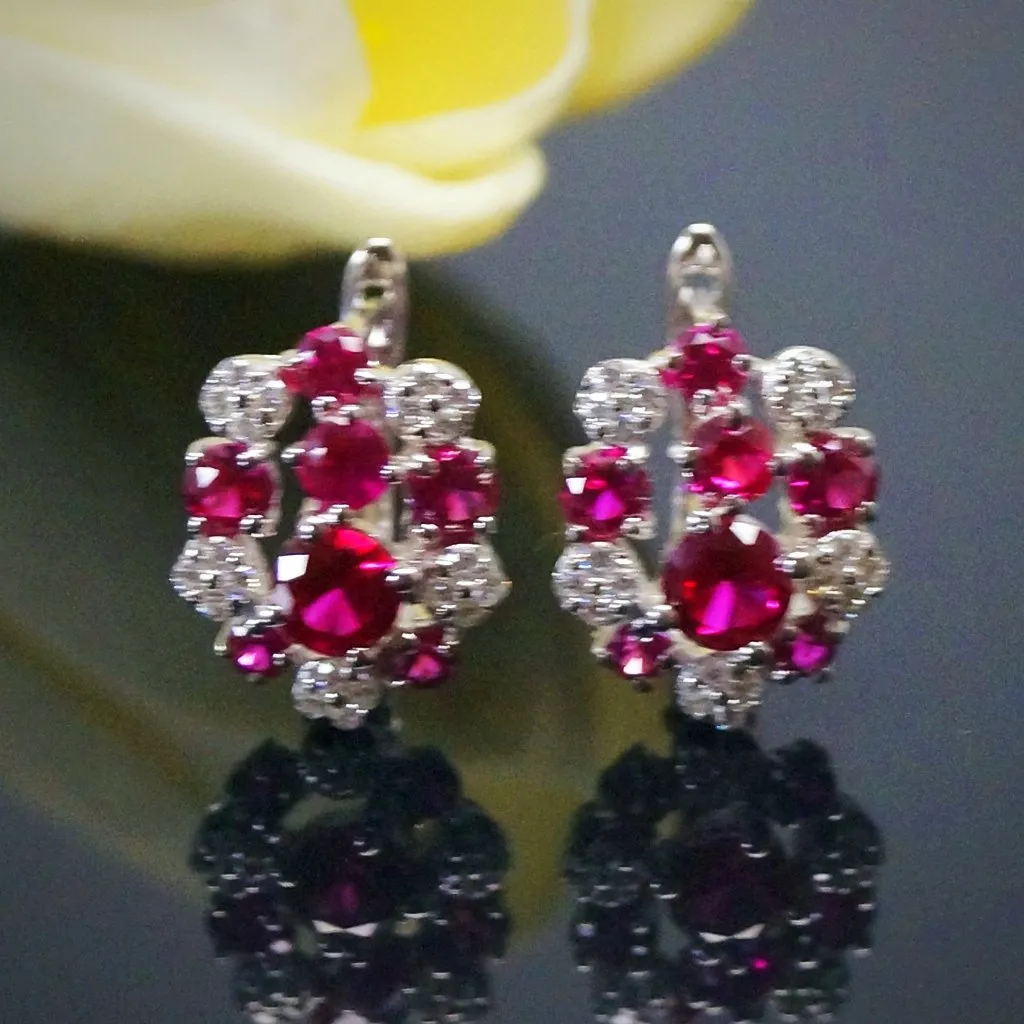 Pure 92.5 Sterling Silver Ruby & CZ Studs