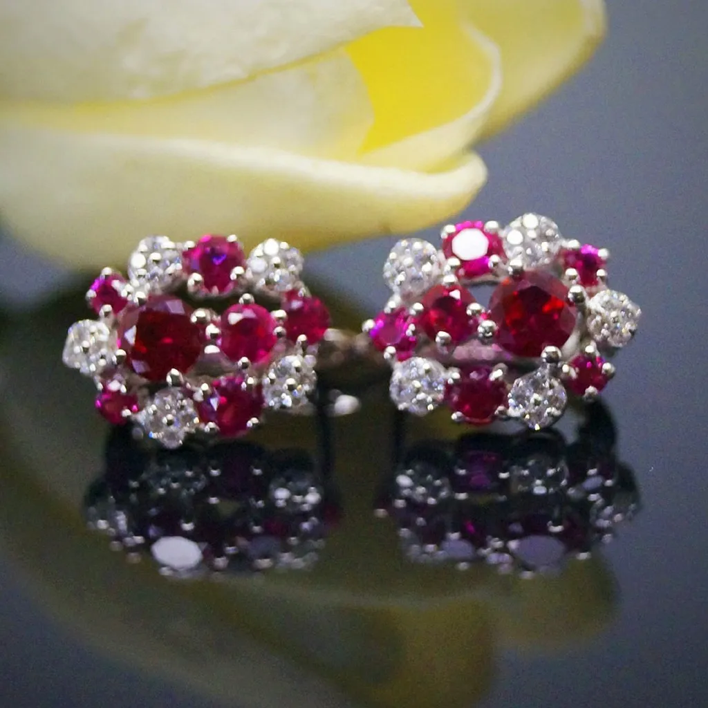 Pure 92.5 Sterling Silver Ruby & CZ Studs