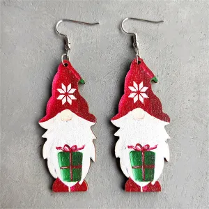 Red & White Wood Santa With Gift Drop Earrings