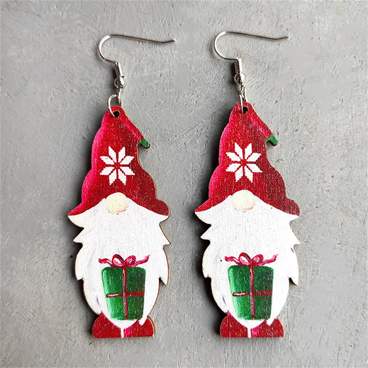 Red & White Wood Santa With Gift Drop Earrings