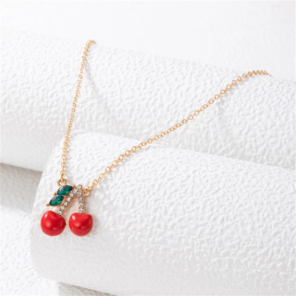 Red Enamel & Cubic Zirconia Cherry Cluster Pendant Necklace