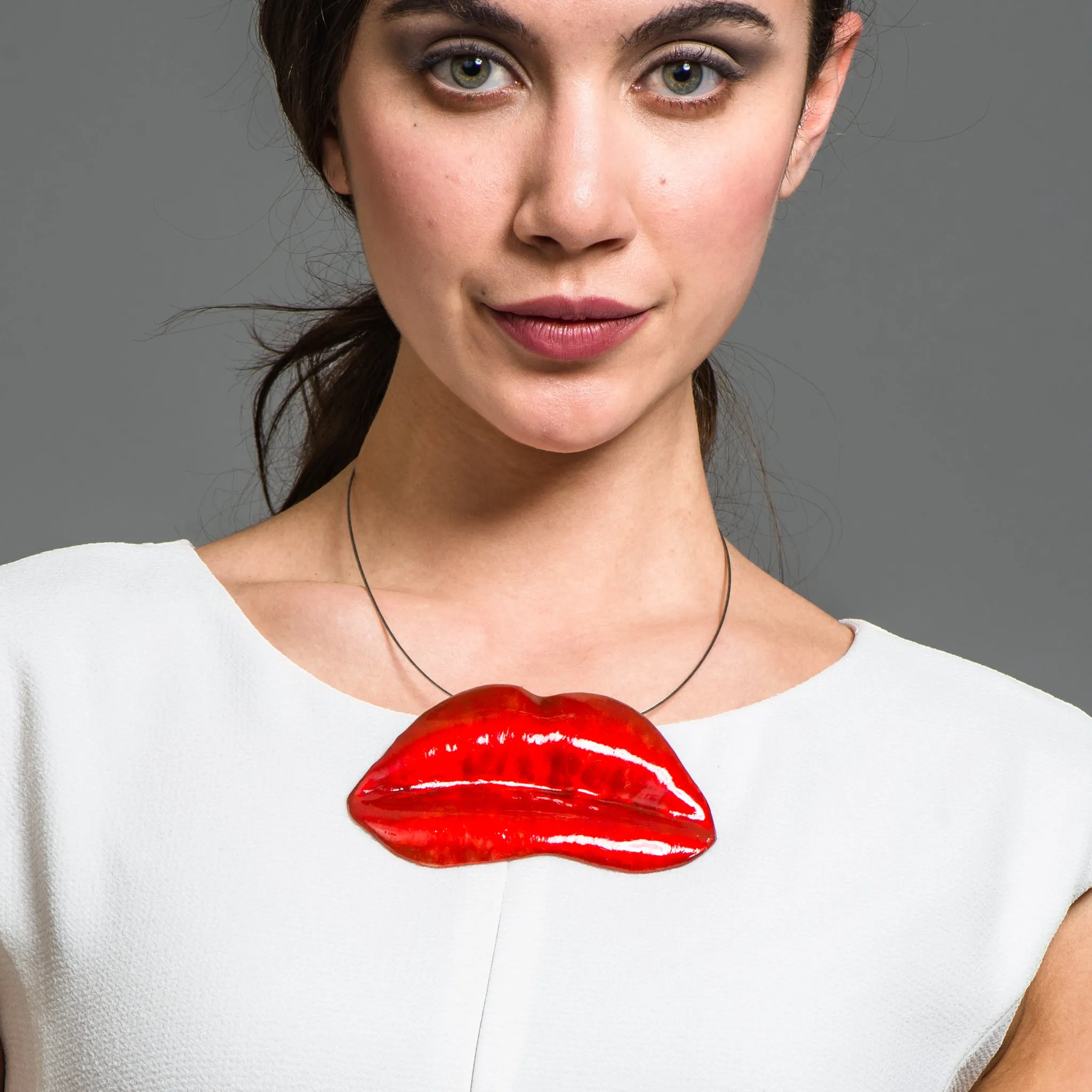 Red Enamel Bronze Lips Necklace