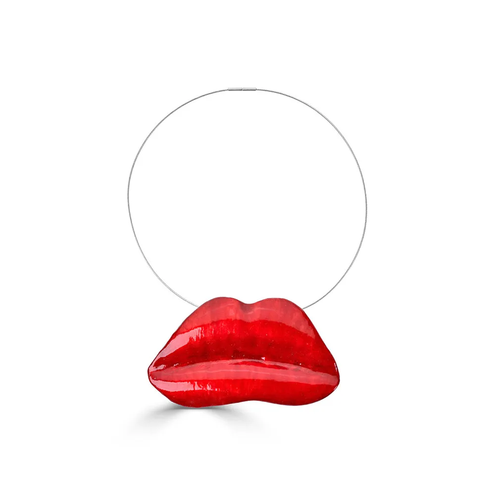 Red Enamel Bronze Lips Necklace