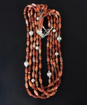 Red Fire Agate Faceted Cylinder Bead 5-Strand Necklace with Red Snakeskin Jasper Rounds, Czech Glass, Hill Tribe Silver & Sterling Silver Rounds, and an Ornate Sterling Silver Toggle Clasp