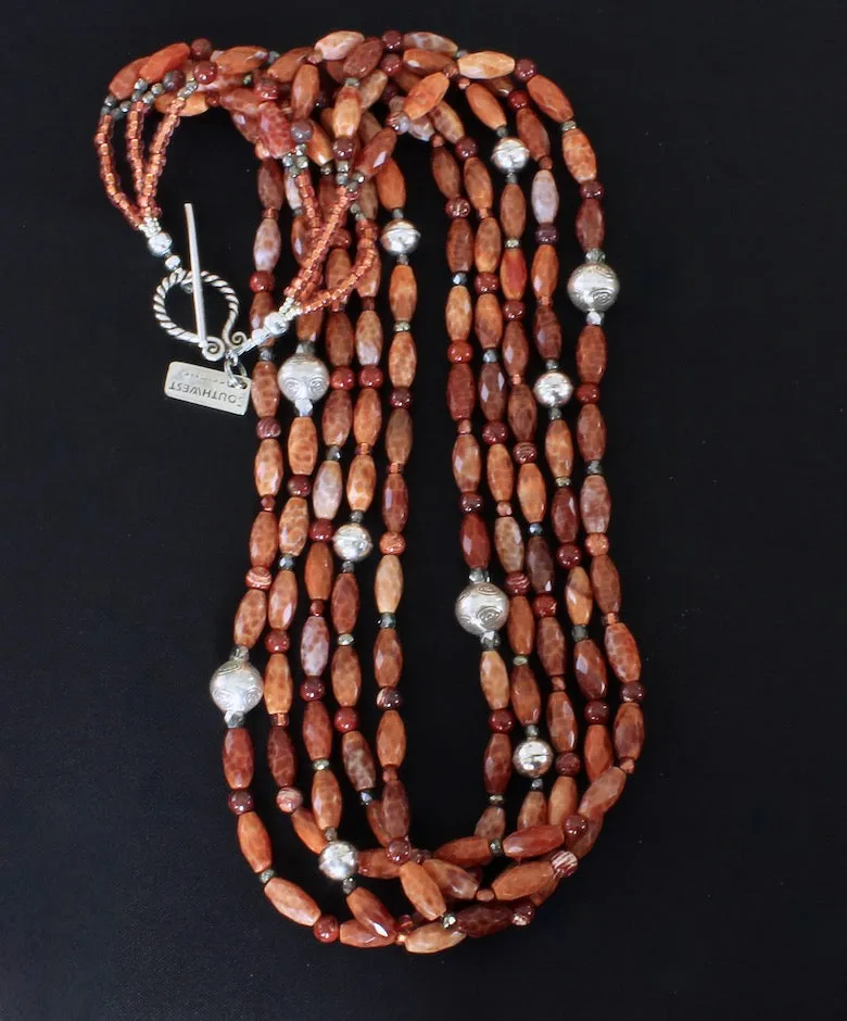 Red Fire Agate Faceted Cylinder Bead 5-Strand Necklace with Red Snakeskin Jasper Rounds, Czech Glass, Hill Tribe Silver & Sterling Silver Rounds, and an Ornate Sterling Silver Toggle Clasp