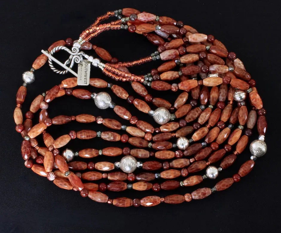 Red Fire Agate Faceted Cylinder Bead 5-Strand Necklace with Red Snakeskin Jasper Rounds, Czech Glass, Hill Tribe Silver & Sterling Silver Rounds, and an Ornate Sterling Silver Toggle Clasp