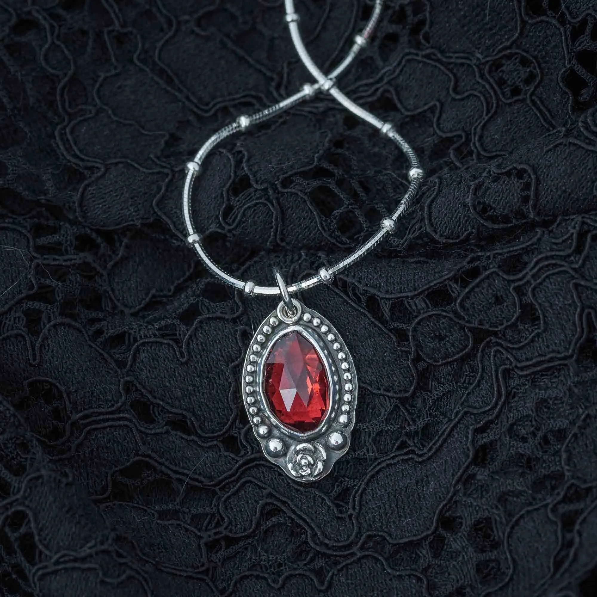 Red Garnet Rose Pendant Necklace in Sterling Silver