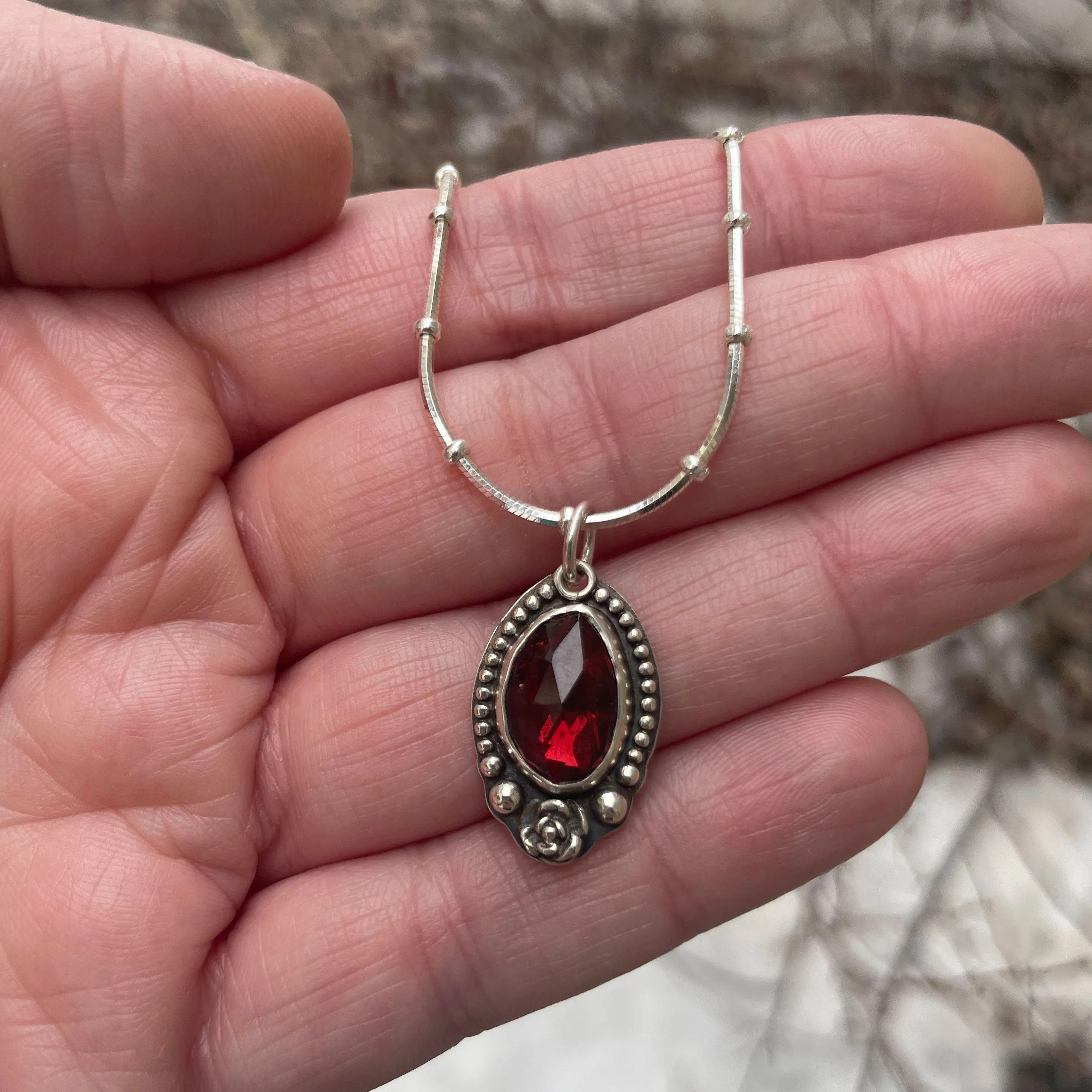 Red Garnet Rose Pendant Necklace in Sterling Silver