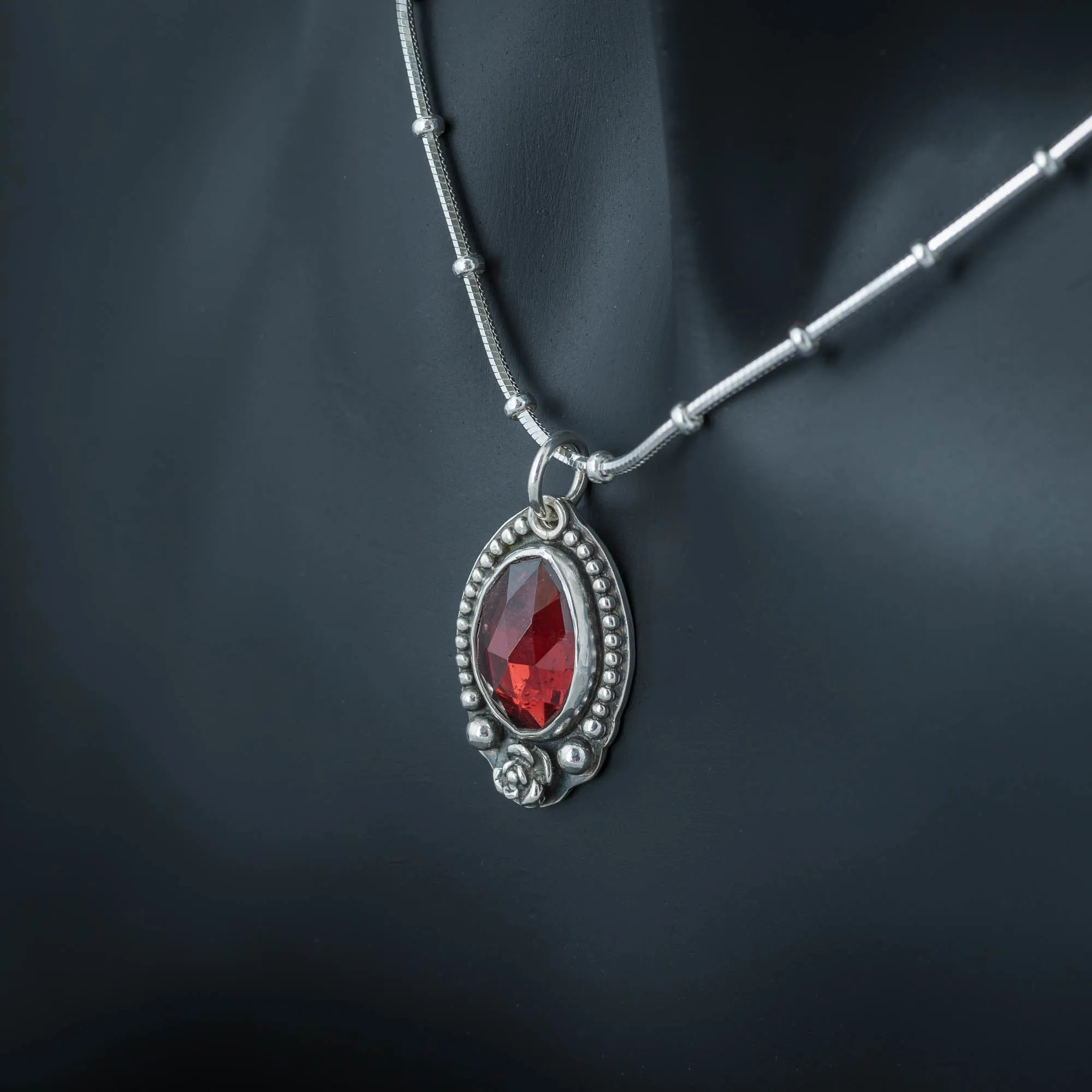 Red Garnet Rose Pendant Necklace in Sterling Silver