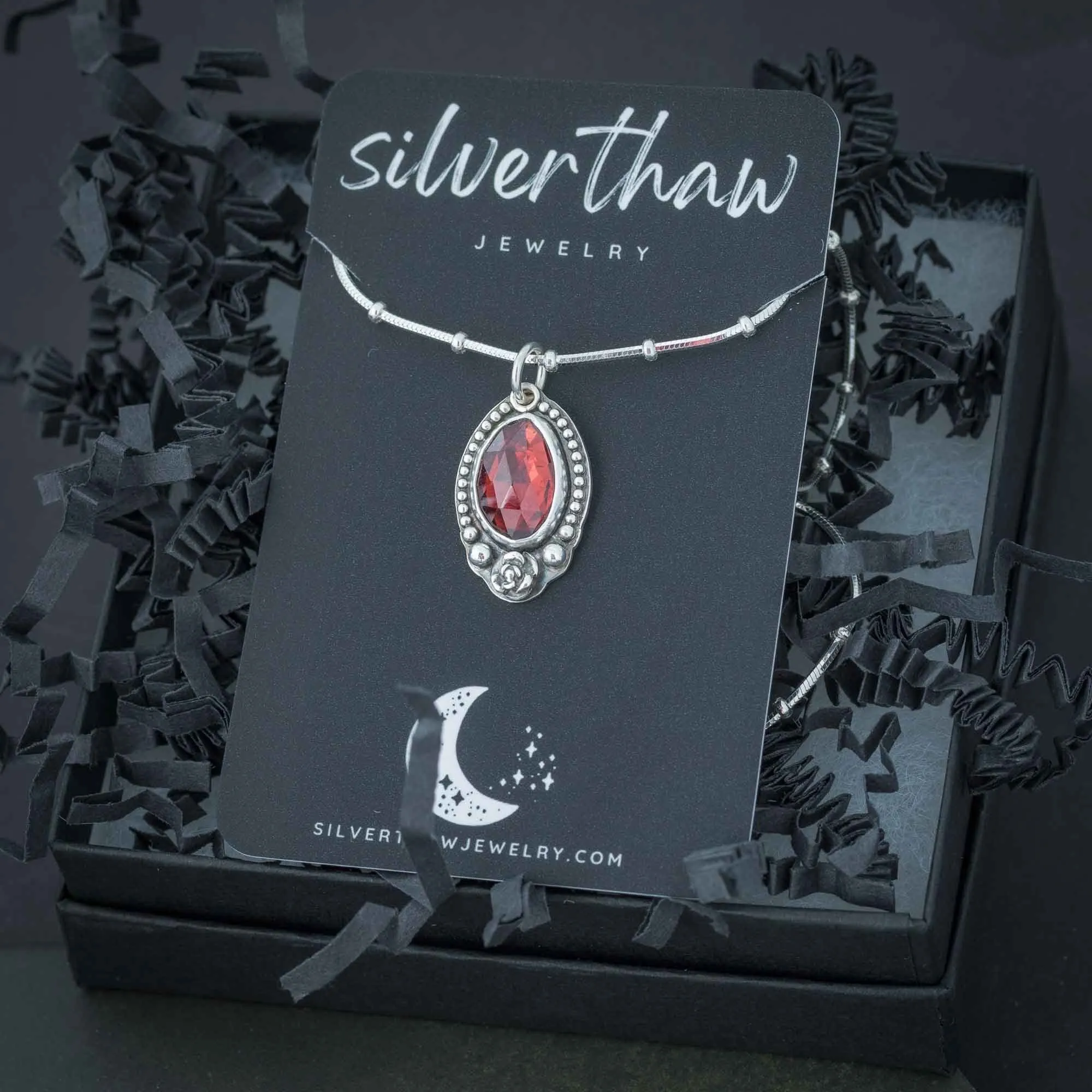 Red Garnet Rose Pendant Necklace in Sterling Silver