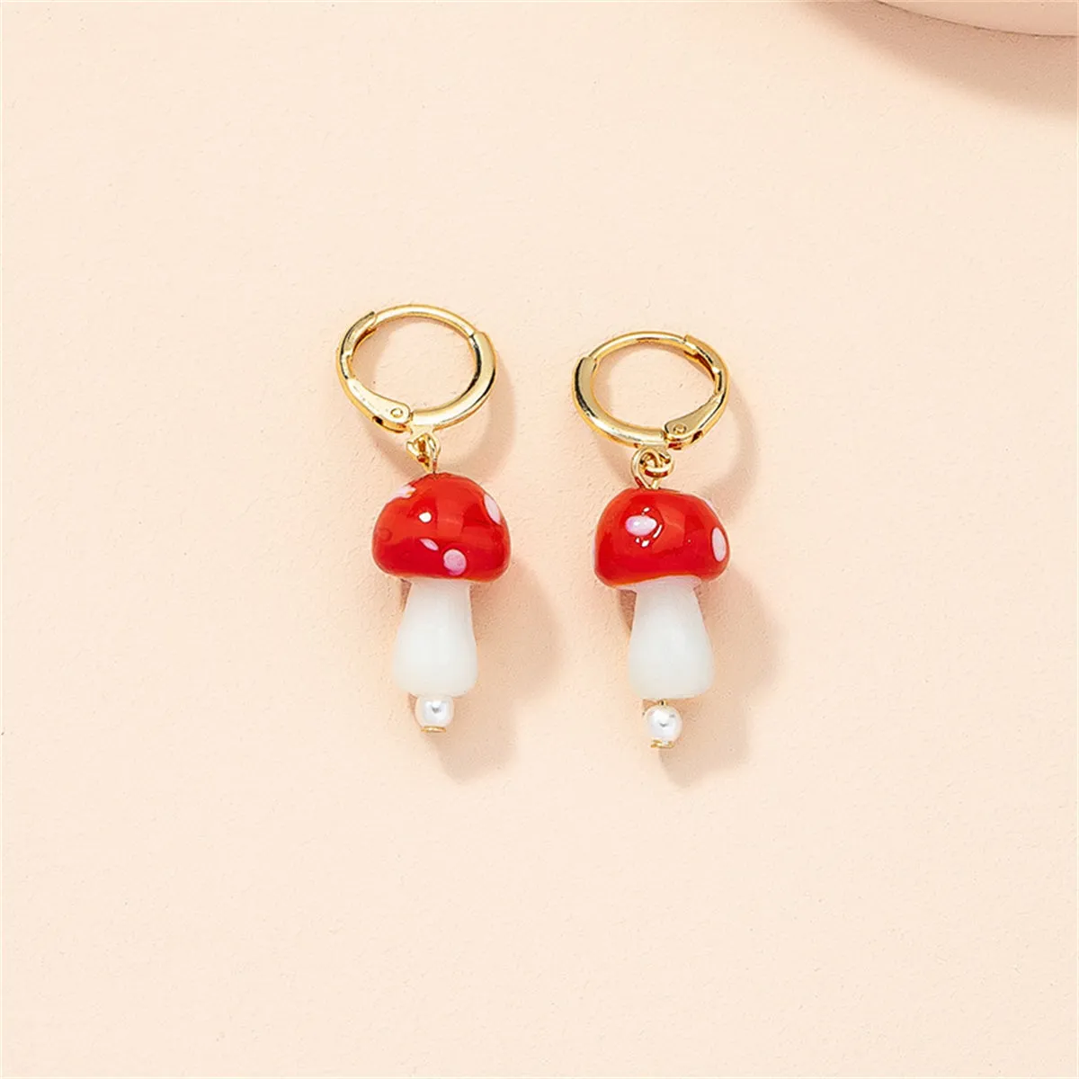 Red Resin & Pearl Mushroom Drop Earrings