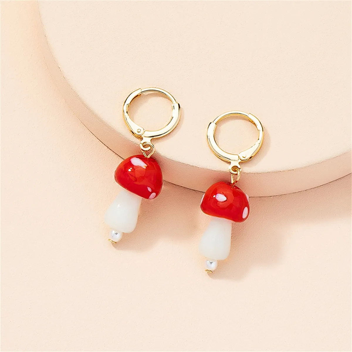 Red Resin & Pearl Mushroom Drop Earrings