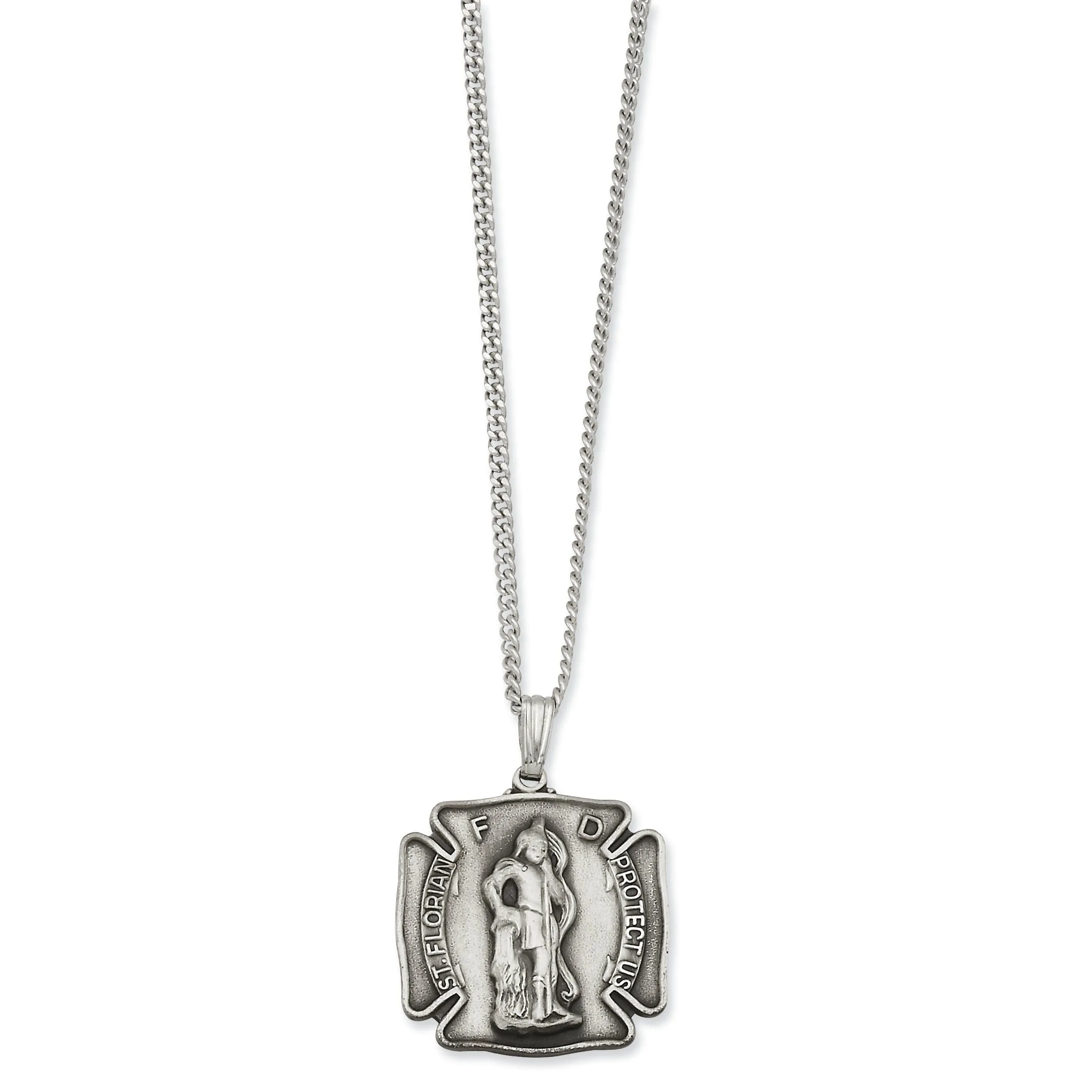 Rhodium Plated St. Florian Medal Necklace