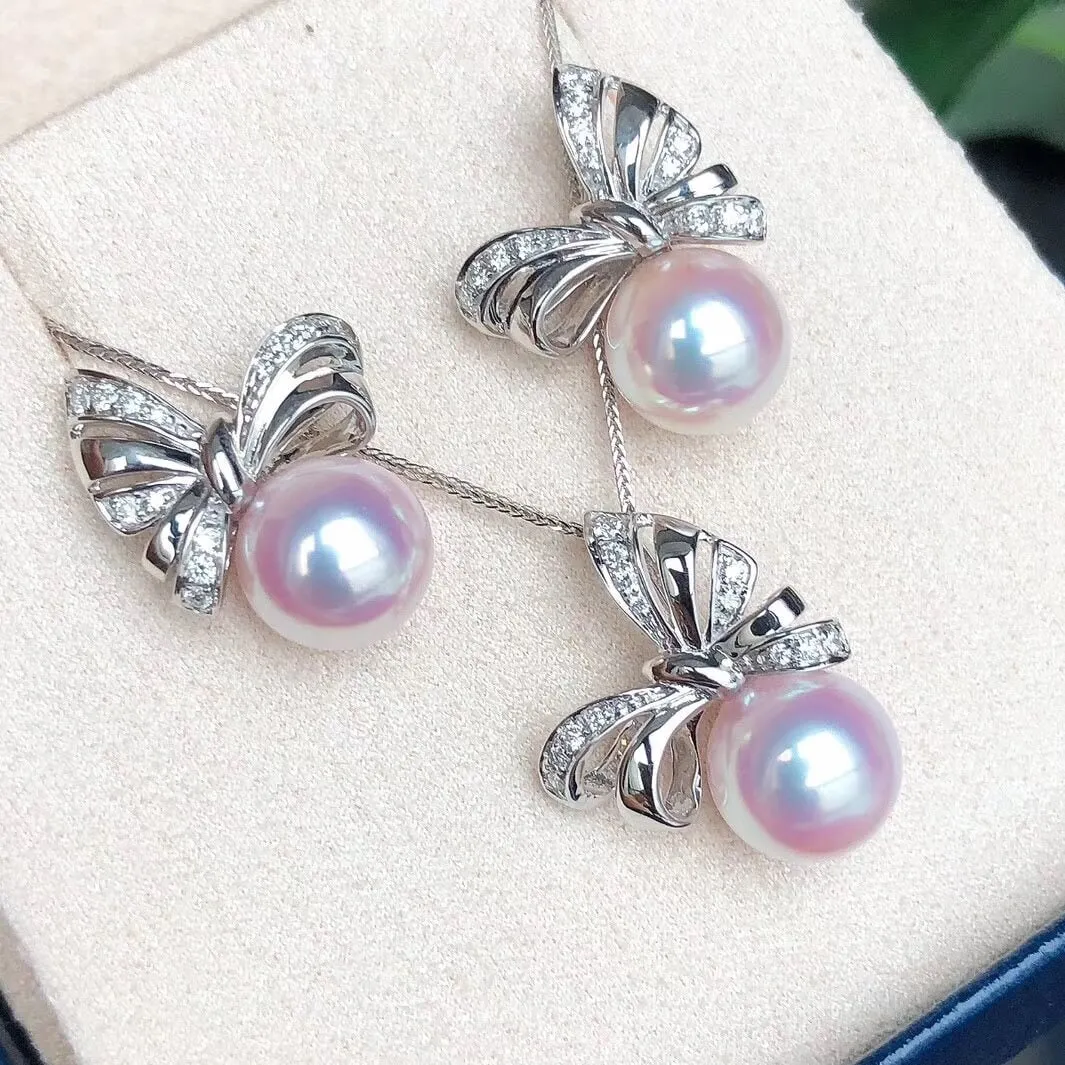 Ribbons 8.5-9.0 mm White Japanese Akoya Pearl Earrings with Diamonds in 18K Gold