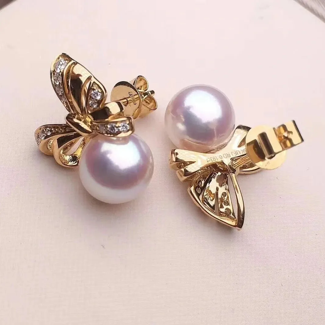 Ribbons 8.5-9.0 mm White Japanese Akoya Pearl Earrings with Diamonds in 18K Gold