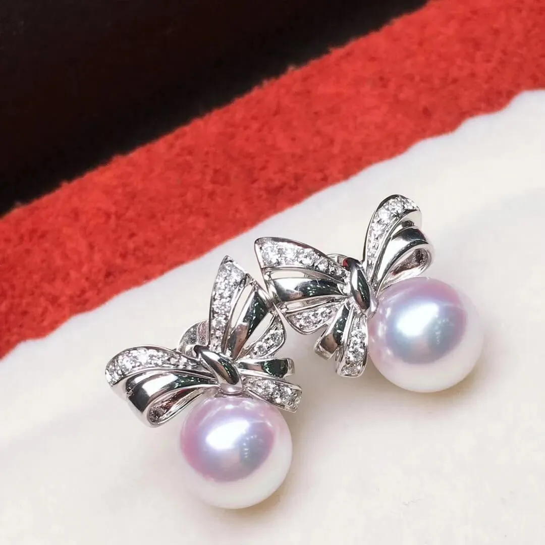 Ribbons 8.5-9.0 mm White Japanese Akoya Pearl Earrings with Diamonds in 18K Gold