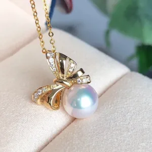 Ribbons 8.5-9.0 mm White Japanese Akoya Pearl Earrings with Diamonds in 18K Gold