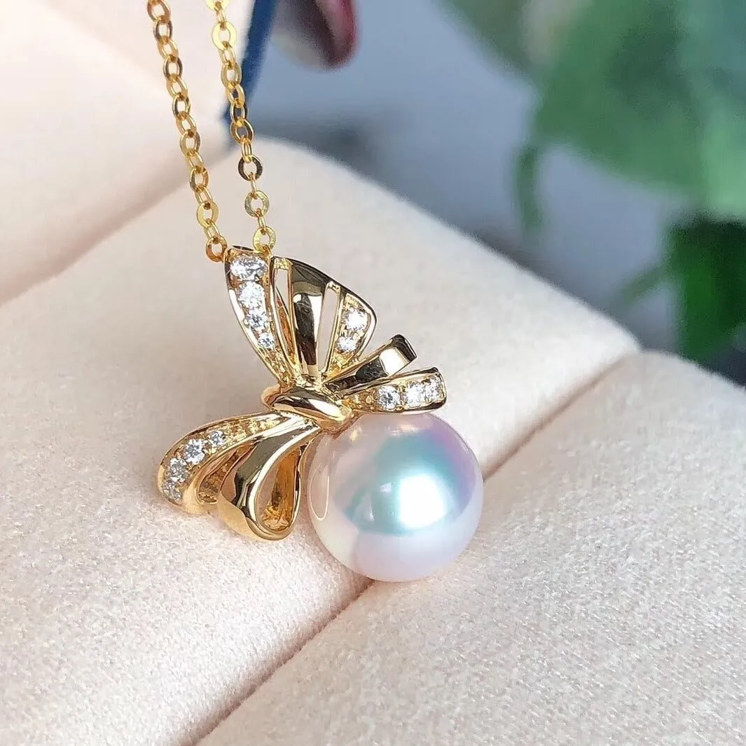 Ribbons 8.5-9.0 mm White Japanese Akoya Pearl Earrings with Diamonds in 18K Gold