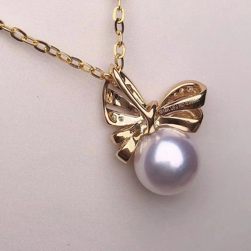 Ribbons 8.5-9.0 mm White Japanese Akoya Pearl Earrings with Diamonds in 18K Gold