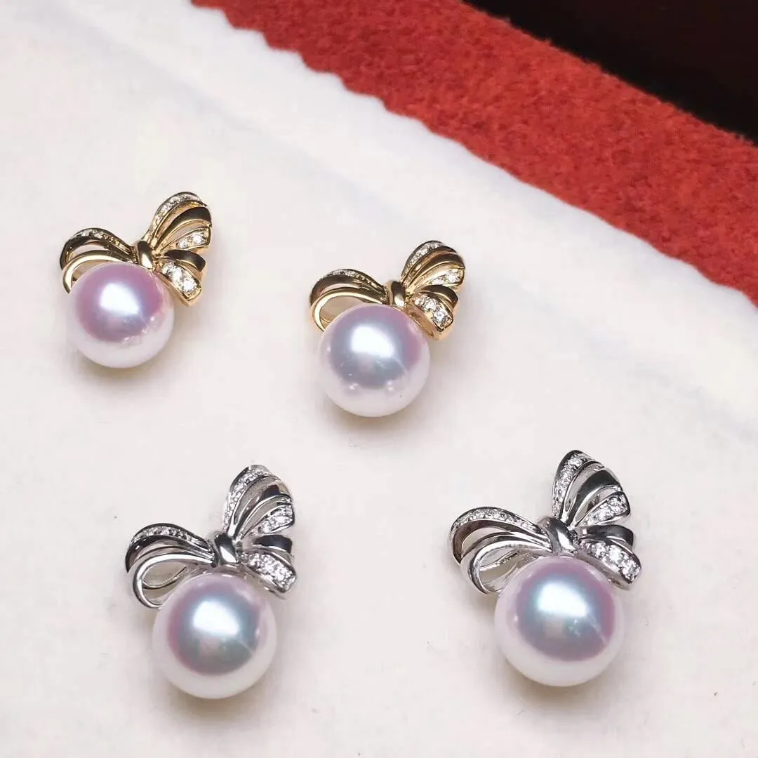 Ribbons 8.5-9.0 mm White Japanese Akoya Pearl Earrings with Diamonds in 18K Gold