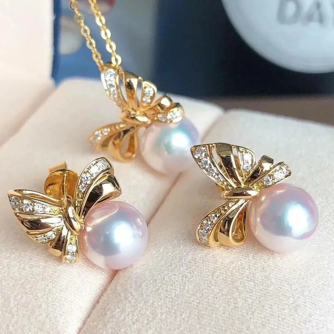 Ribbons 8.5-9.0 mm White Japanese Akoya Pearl Earrings with Diamonds in 18K Gold