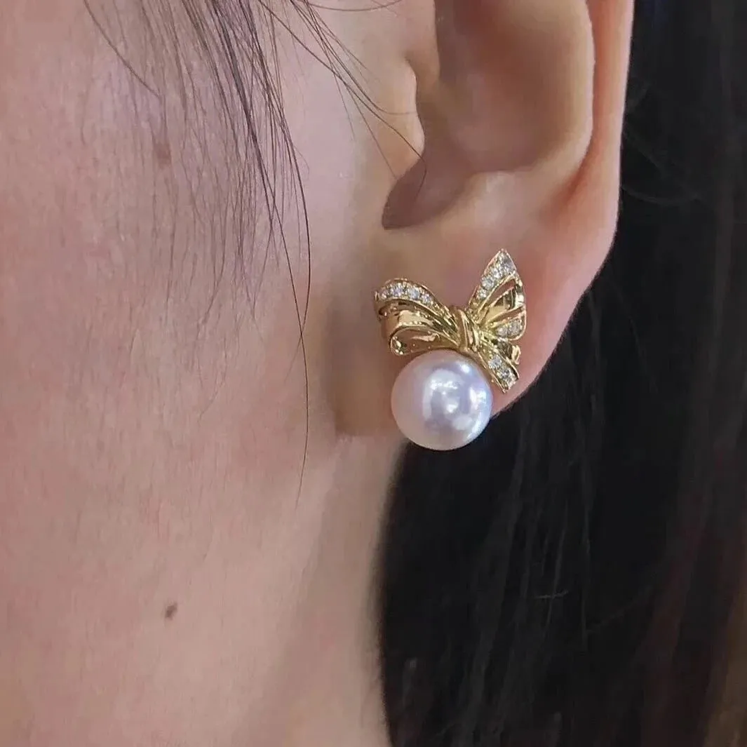 Ribbons 8.5-9.0 mm White Japanese Akoya Pearl Earrings with Diamonds in 18K Gold