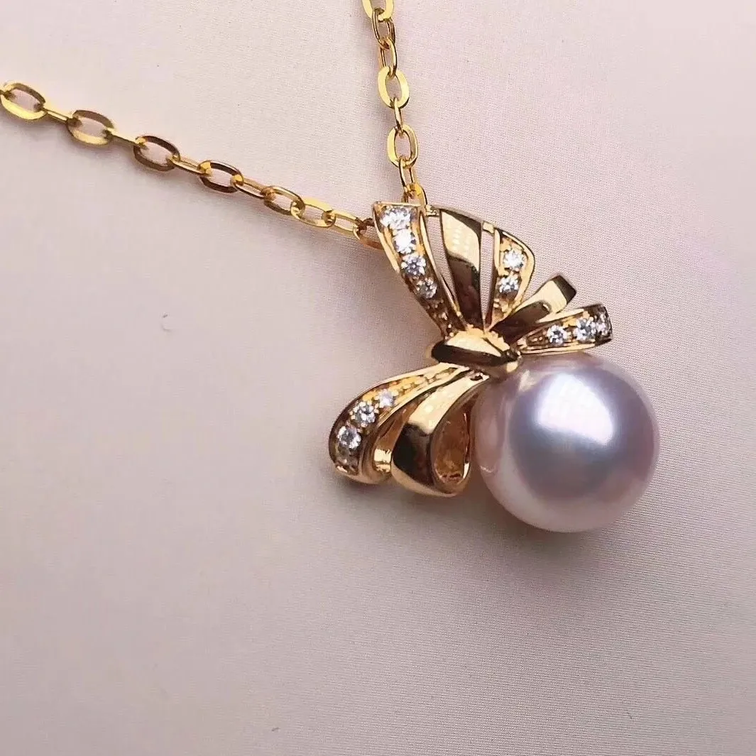Ribbons 8.5-9.0 mm White Japanese Akoya Pearl Earrings with Diamonds in 18K Gold