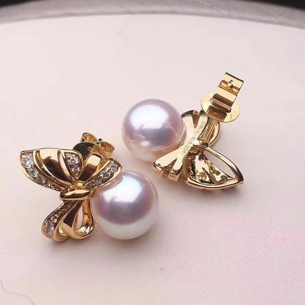 Ribbons 8.5-9.0 mm White Japanese Akoya Pearl Earrings with Diamonds in 18K Gold