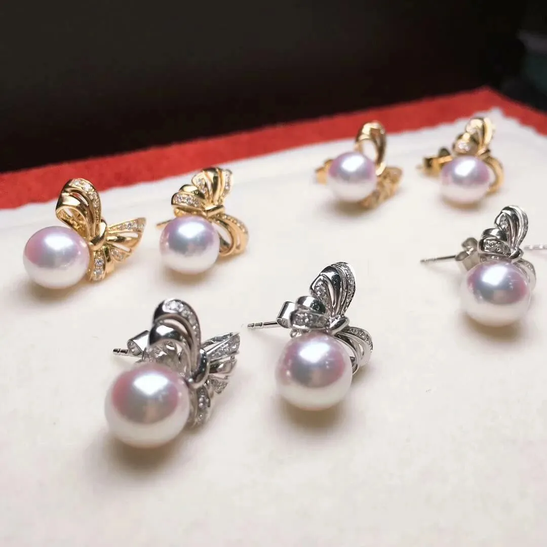 Ribbons 8.5-9.0 mm White Japanese Akoya Pearl Earrings with Diamonds in 18K Gold
