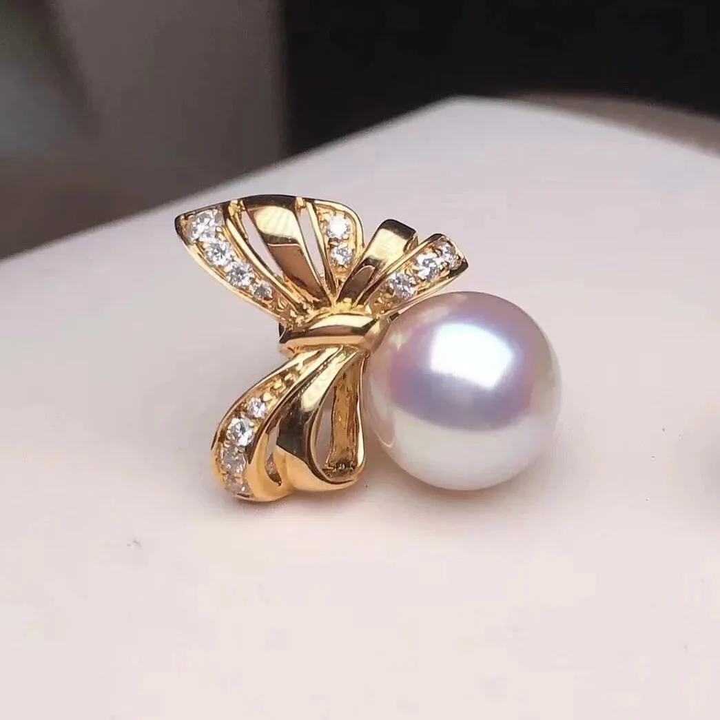 Ribbons 8.5-9.0 mm White Japanese Akoya Pearl Earrings with Diamonds in 18K Gold