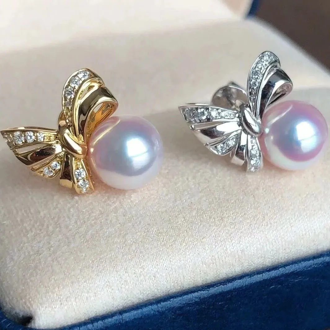 Ribbons 8.5-9.0 mm White Japanese Akoya Pearl Earrings with Diamonds in 18K Gold