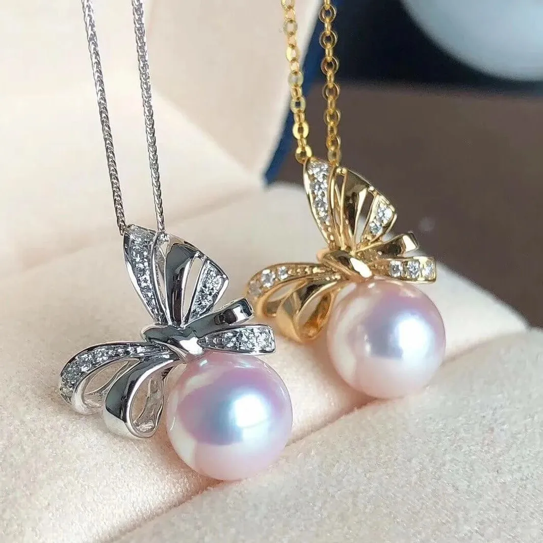 Ribbons 8.5-9.0 mm White Japanese Akoya Pearl Earrings with Diamonds in 18K Gold