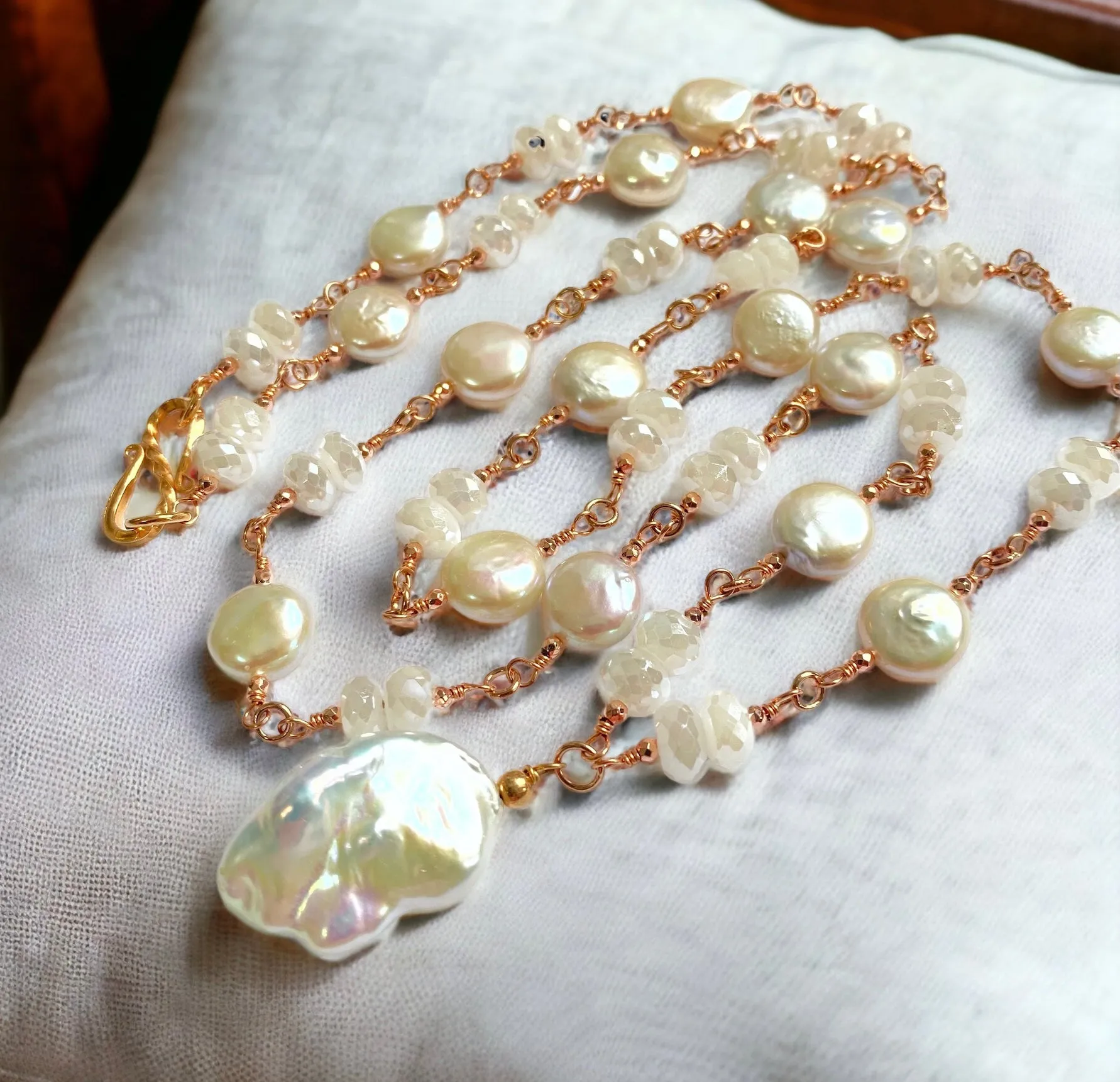 Rose Gold Ivory Baroque Pearl Mystic Moonstone Long Sautoir Rosary Necklace