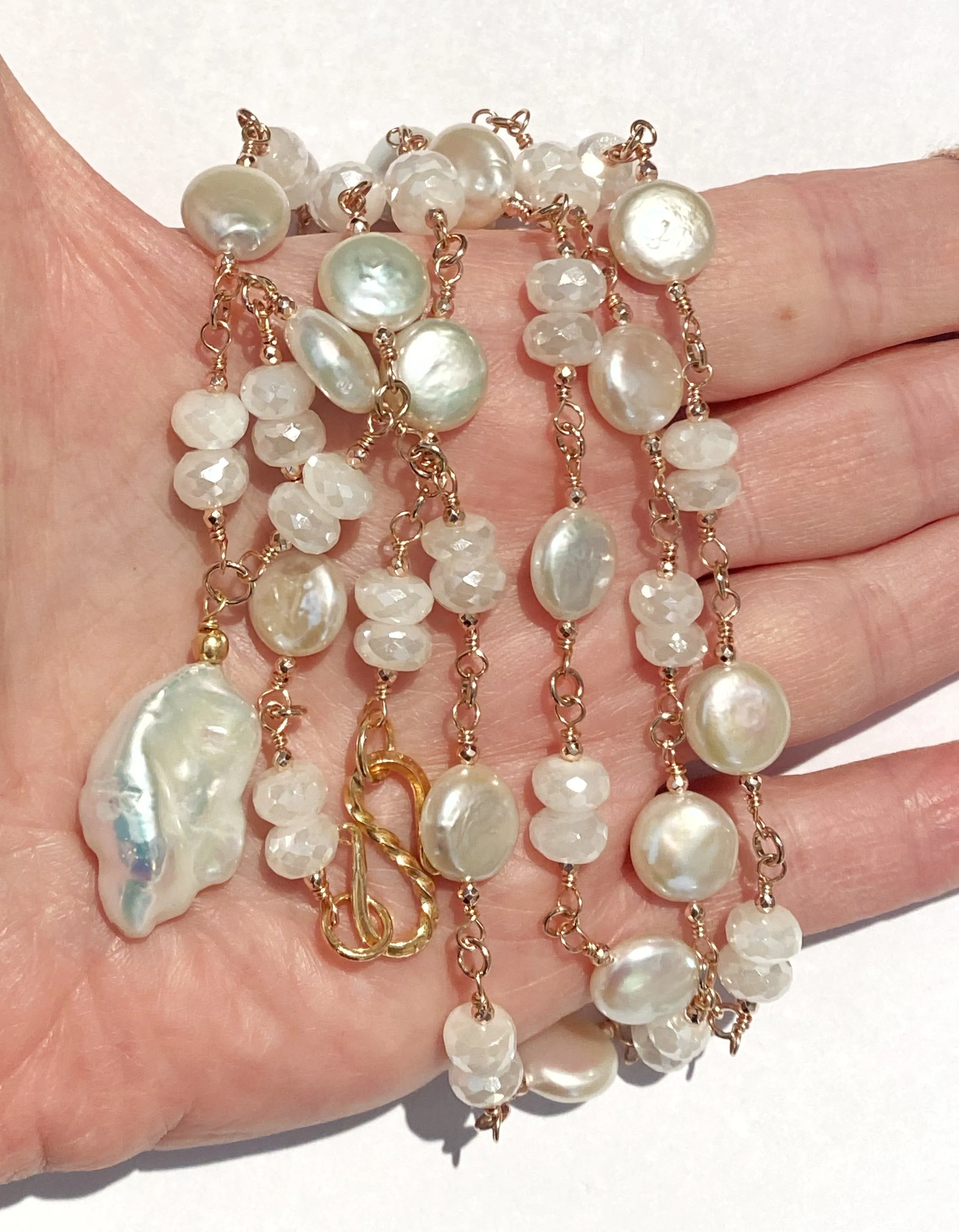 Rose Gold Ivory Baroque Pearl Mystic Moonstone Long Sautoir Rosary Necklace