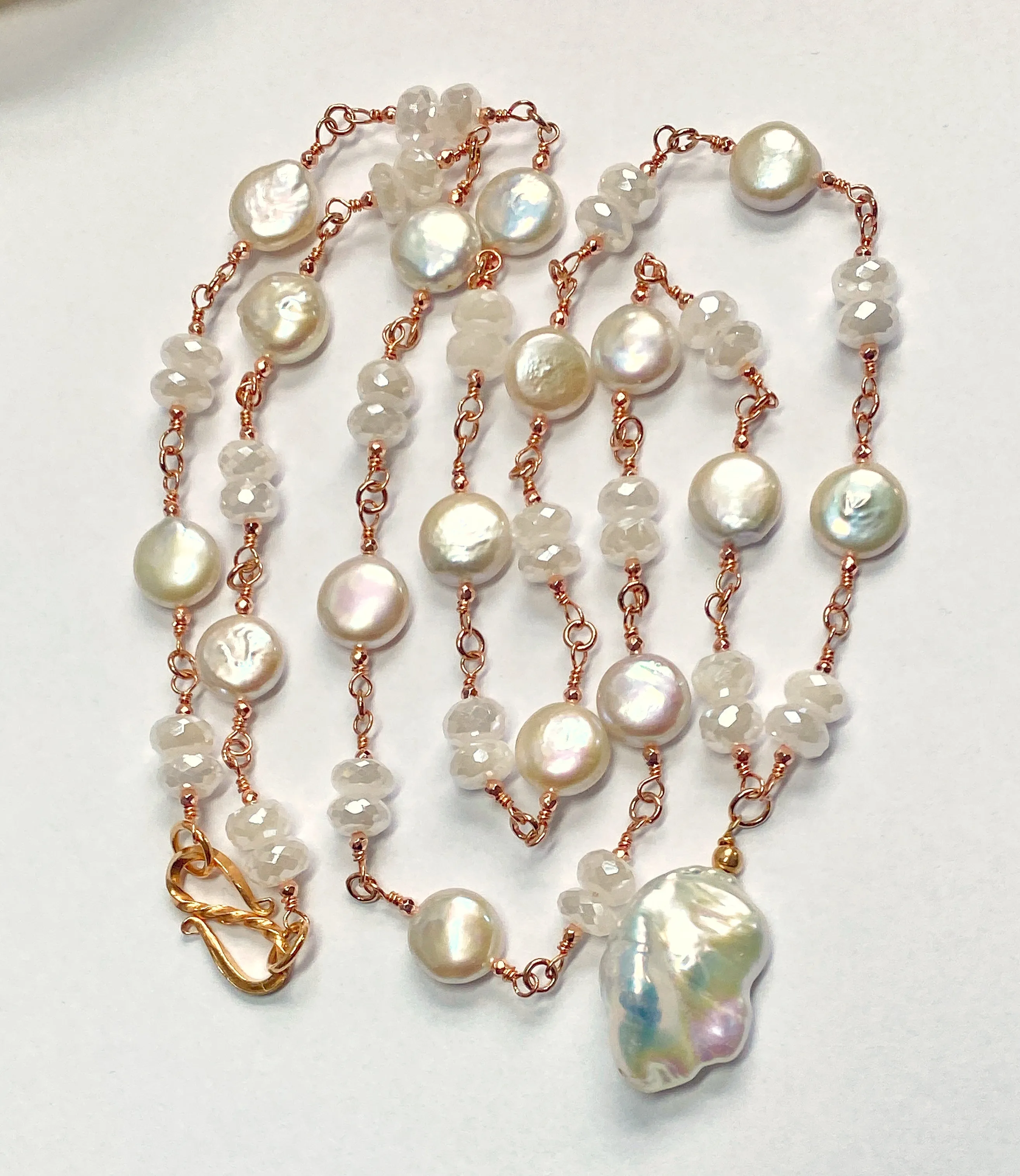 Rose Gold Ivory Baroque Pearl Mystic Moonstone Long Sautoir Rosary Necklace